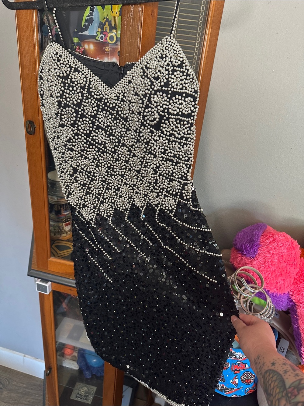 Black Mini Dress with White Bead Embellishment
